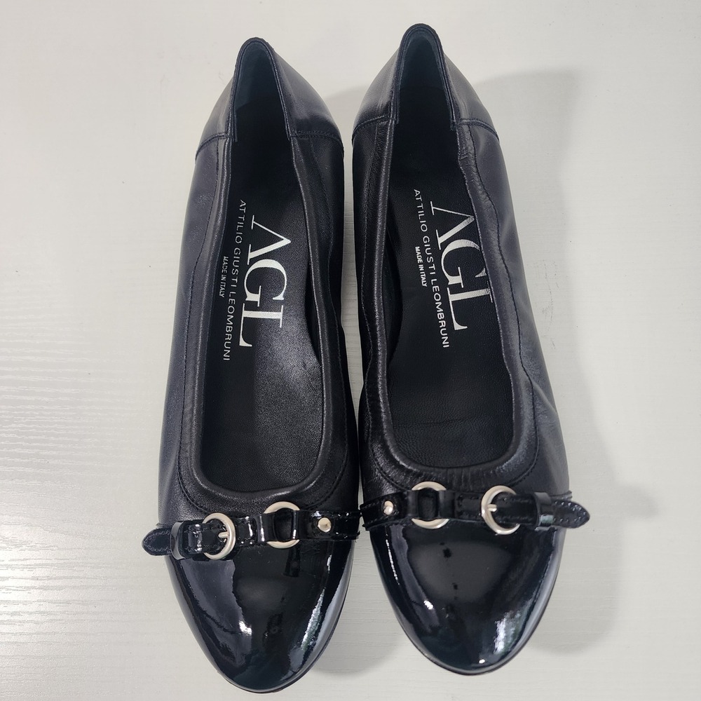 AGL Attilio Giusti Leombruni Ballet Flats Black Leather Patent Cap Toe Buckle 41 - Picture 2 of 12